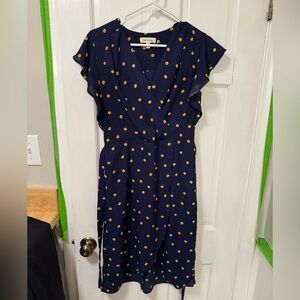 Chic Navy Midi Dress with Yellow Polka Dots